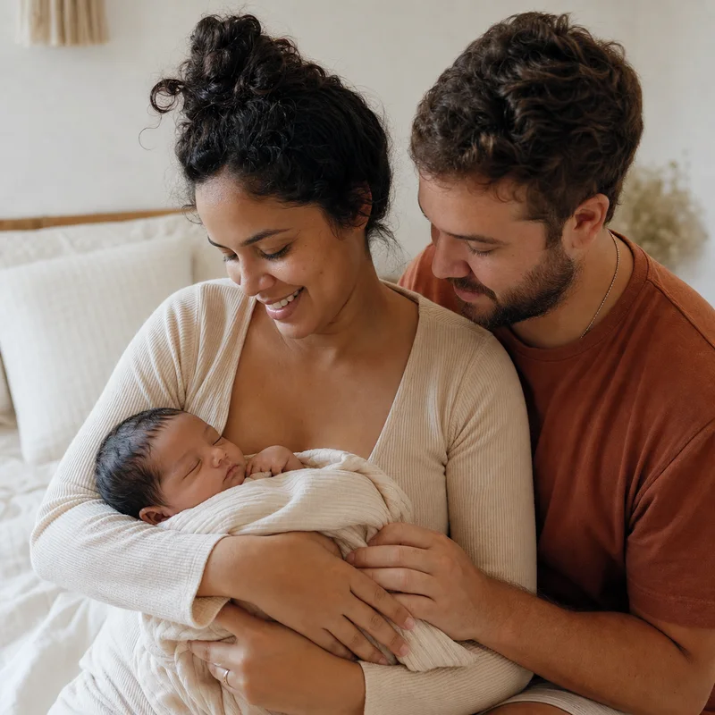 Foto demonstrativa de uma família com um bebê recém-nascido